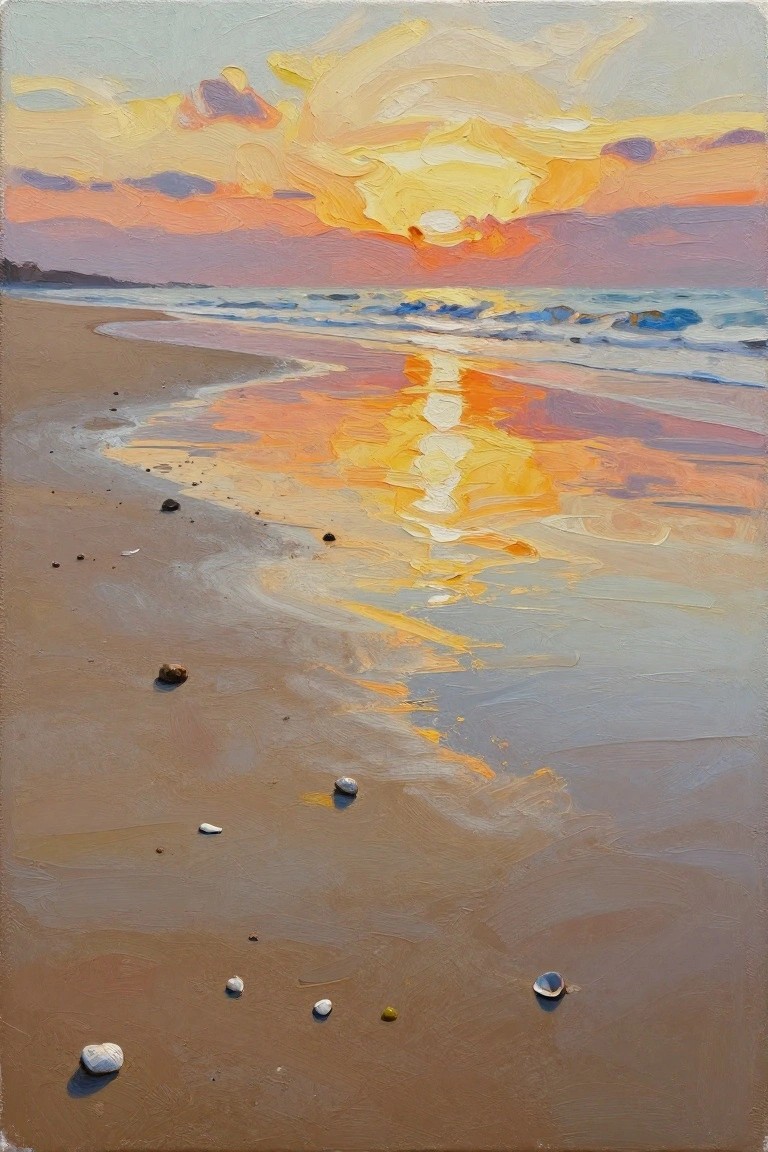 An acrylic painting of a beach at sunset showing the sun and sky reflected on wet sand with a few small pebbles in the foreground.