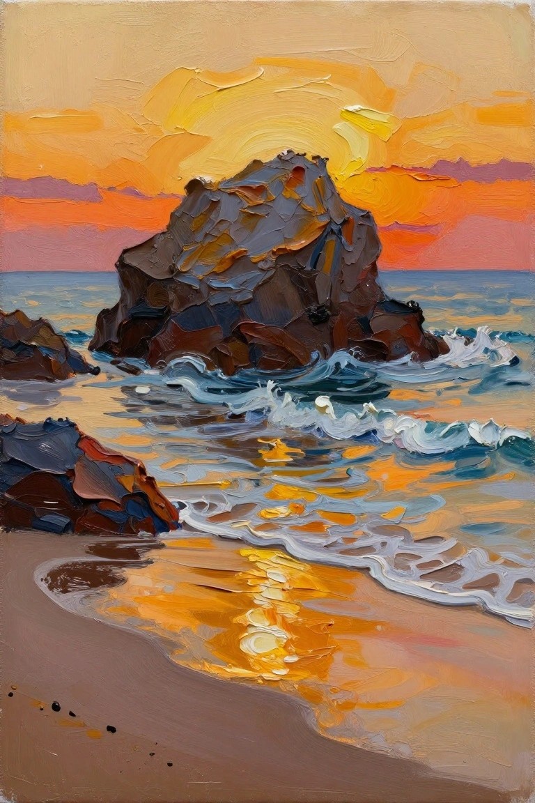 Impasto oil painting of sunset over rocky sea with crashing waves and sand