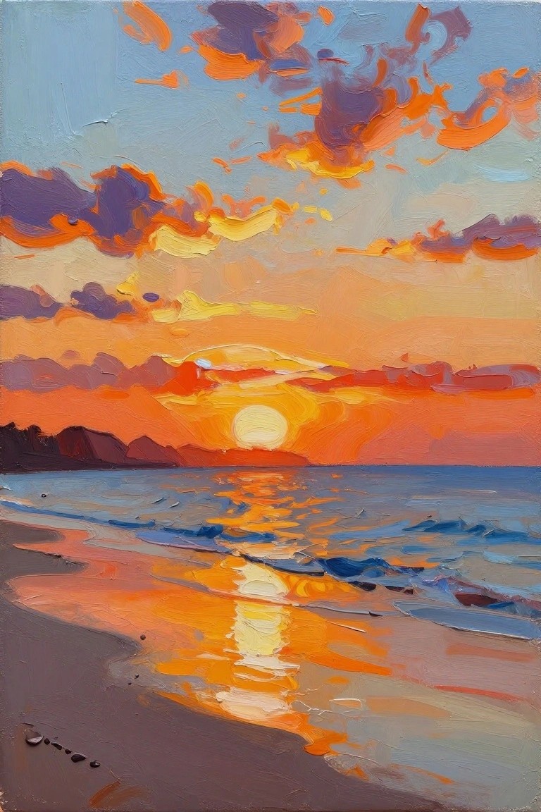 Vivid oil painting of orange sunset reflecting on ocean waves at the beach.