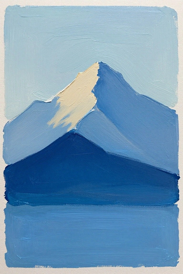 Abstract blue mountain painting with cream peak and water reflection below.