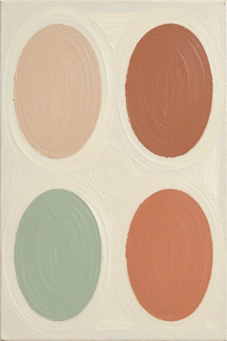 Abstract painting of four textured ovals in beige, terracotta, sage green, and terracotta.