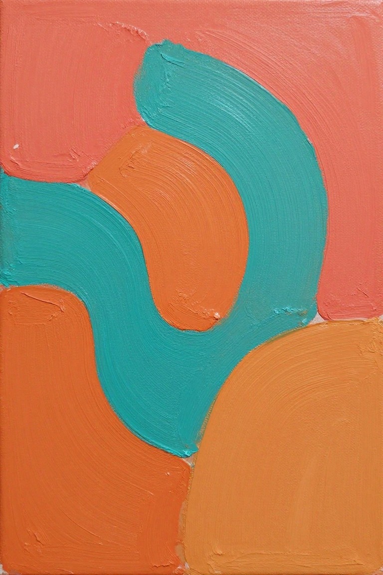 Abstract painting of curved teal and orange shapes on coral background