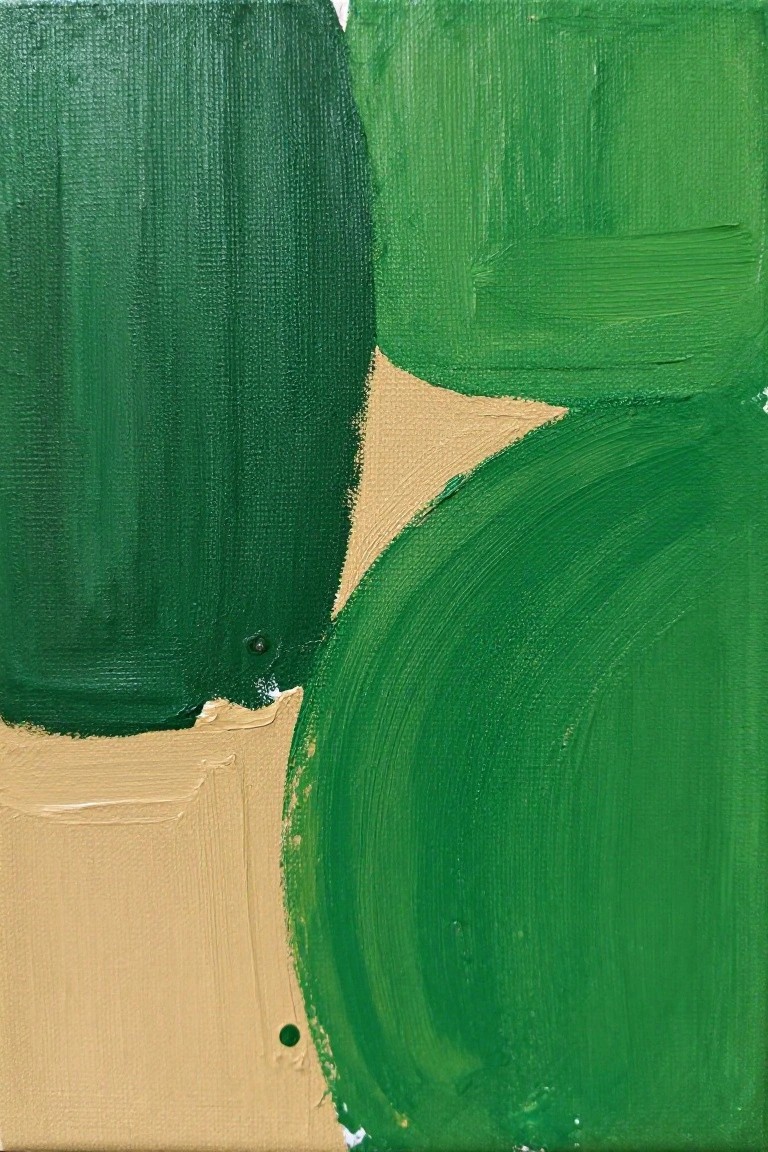 Abstract painting with bold green brushstrokes and beige shapes in textured layers.