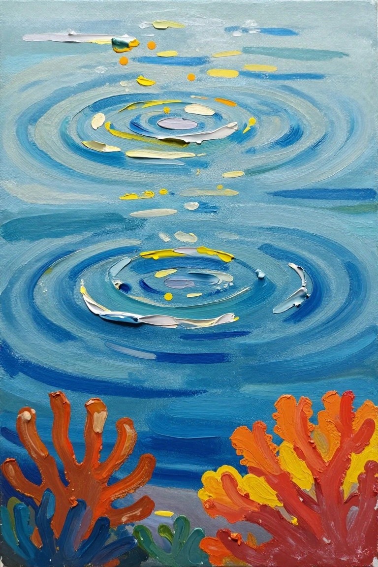 Abstract impasto painting of swirling blue water with colorful coral reefs below.