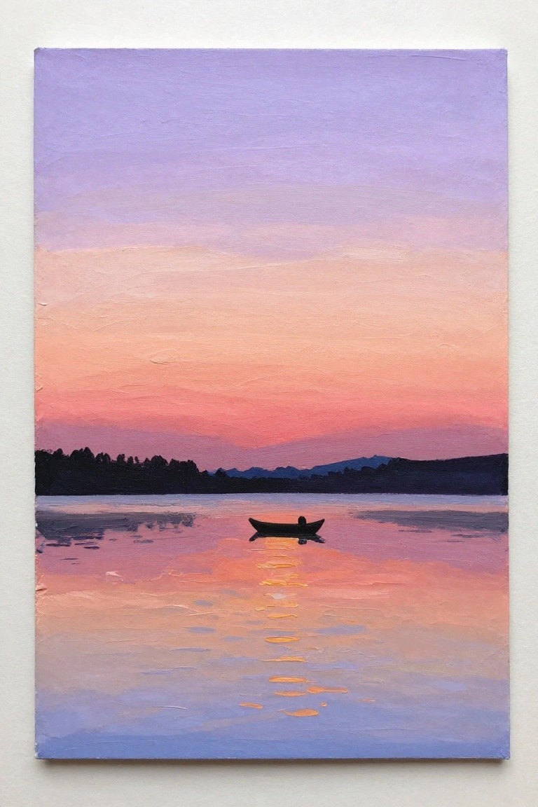 Small boat on calm waters reflecting orange sunset under purple-pink sky