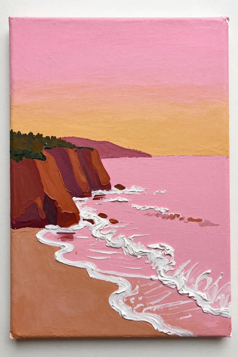 Painting of pink waves on a beach with red cliffs under an orange-pink sky.