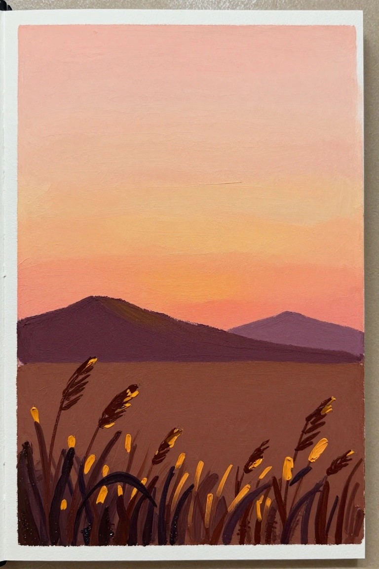 An acrylic painting showing a pink-to-orange gradient sunset sky above dark purple hills, a brown field, and dark grass stalks with yellow tips in the foreground.