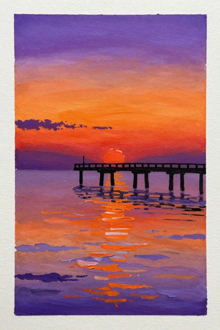 Vibrant sunset painting of silhouetted pier with orange reflections on purple water.