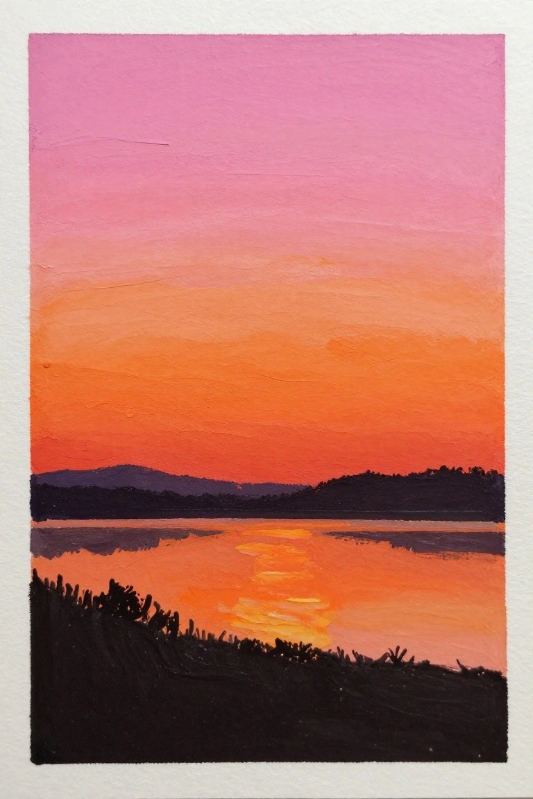 Vibrant sunset painting with pink-orange sky reflected in water and dark hills