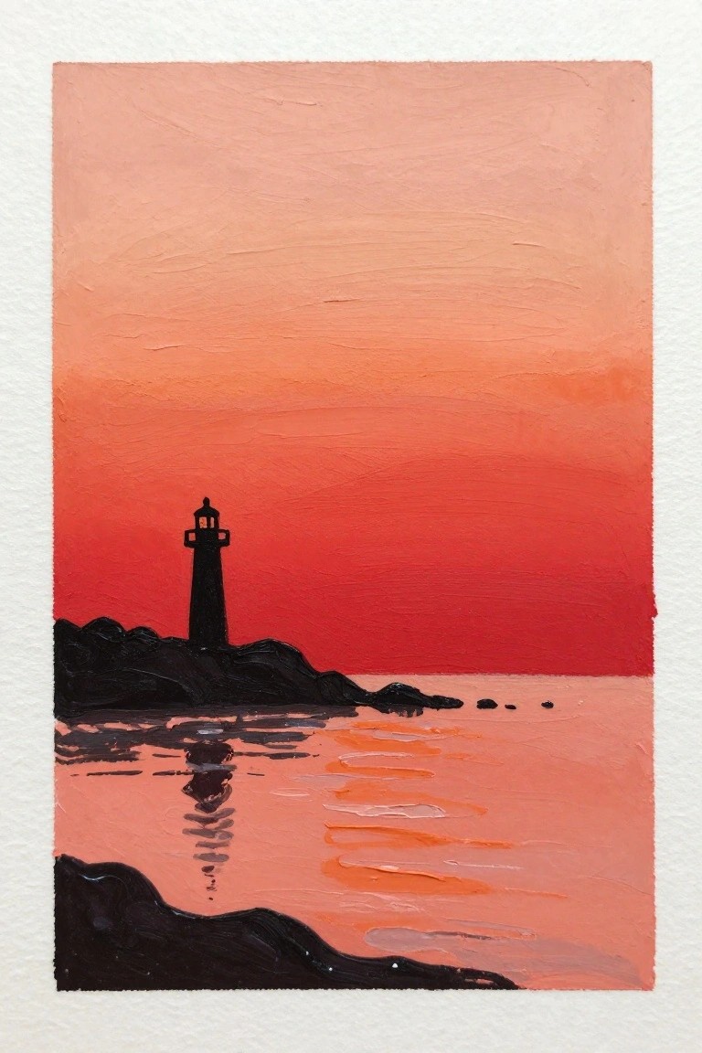 Black lighthouse silhouette on rocks against red-orange sunset sky with water reflections.