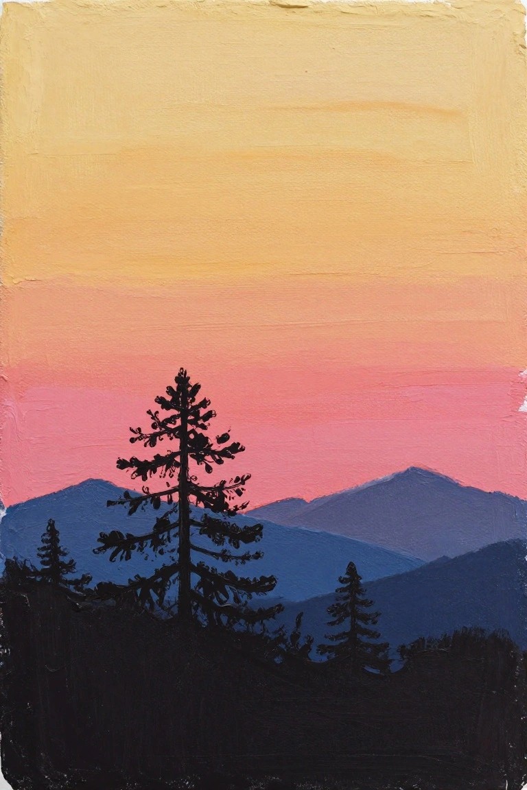 Silhouetted pine trees before layered mountains under a pink-orange sunset sky