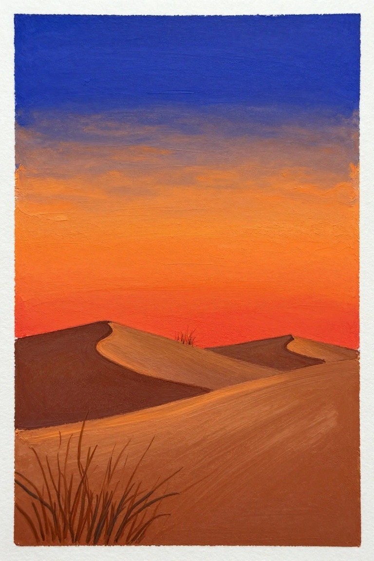 Painting of brown sand dunes under vibrant orange-blue sunset sky with dry grass