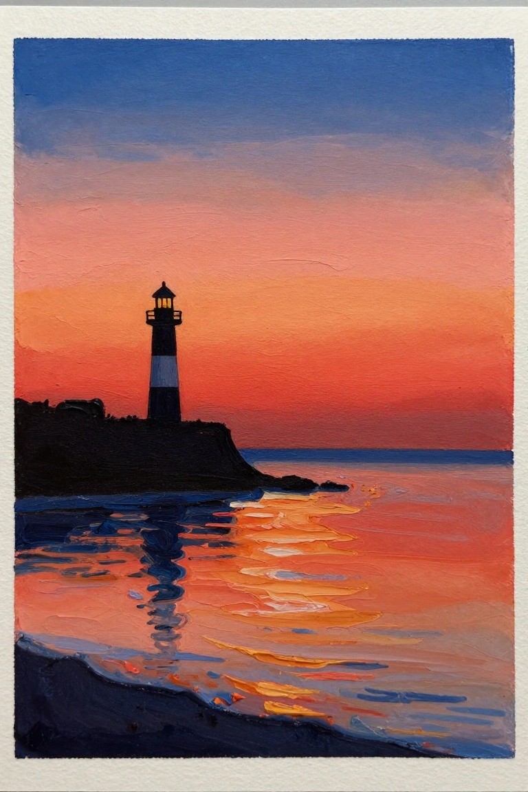 Lighthouse silhouette on cliff against vibrant orange-pink sunset reflecting in ocean waters