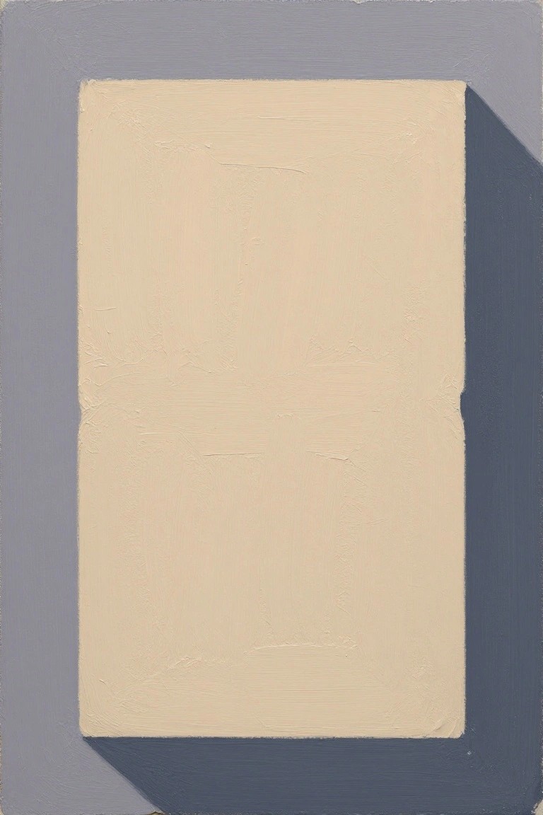 Abstract painting of textured cream rectangle on gray background with shadow.