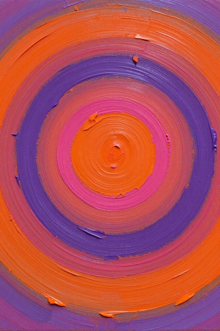 Vibrant abstract painting of thick concentric circles in orange, pink, and purple.