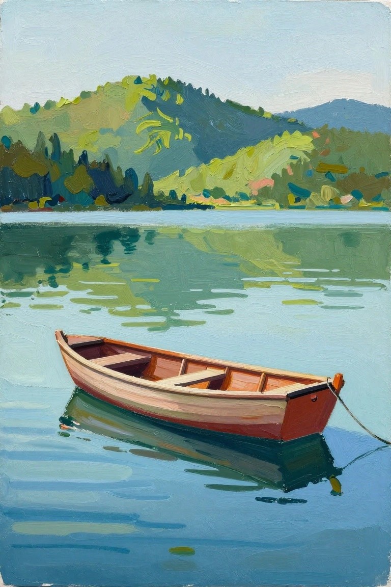 Wooden rowboat on calm blue water reflecting green hills