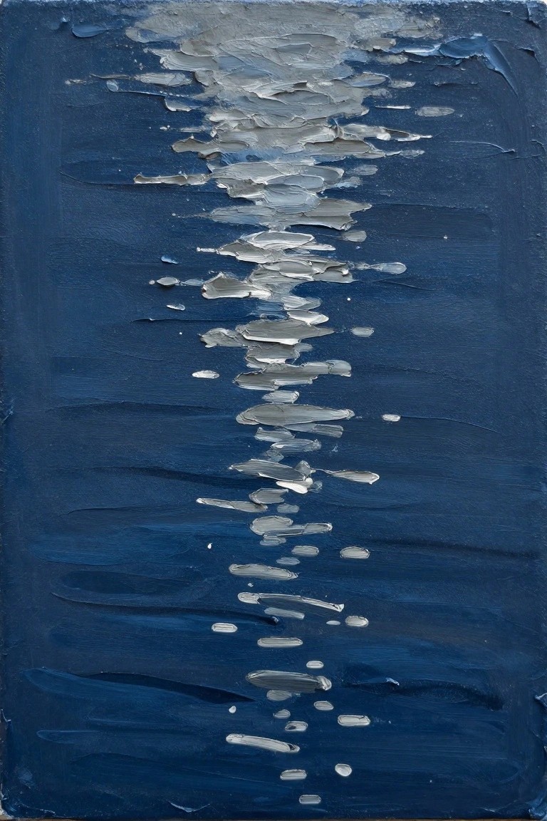Impasto abstract painting with vertical white-gray strokes on dark blue background.