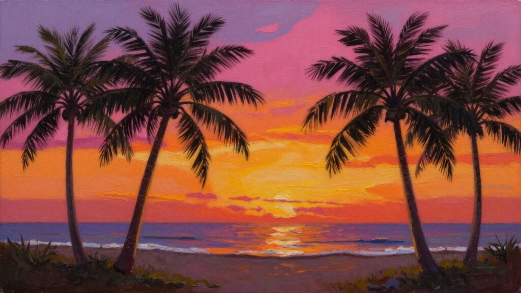 Palm fronds frame vibrant sunset over reflective ocean waves on sandy beach