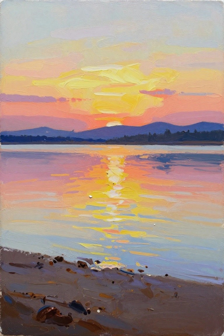 Vibrant oil painting of sunset reflecting on water with distant mountains and shore