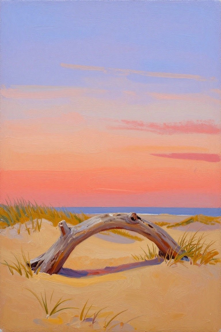 An acrylic painting of an arched driftwood log on a sandy beach with grass, distant ocean, and a gradient sunset sky.