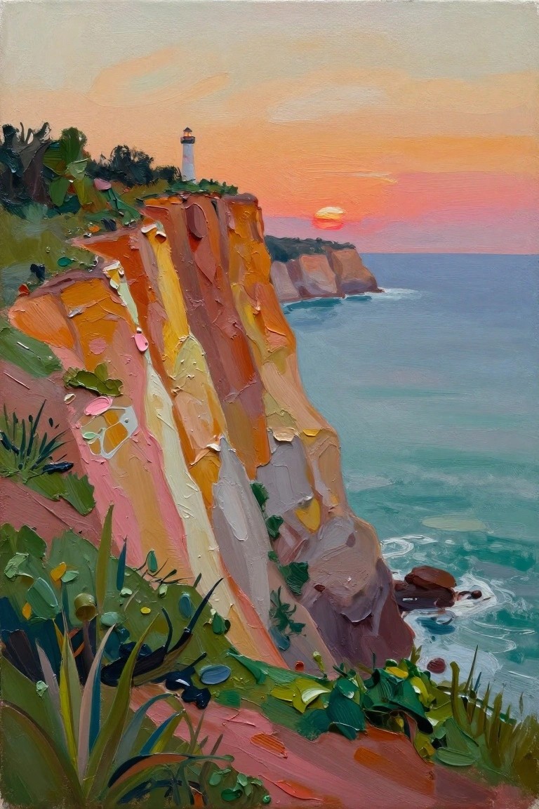 Acrylic painting of orange cliffs with a lighthouse at sunset overlooking the ocean.