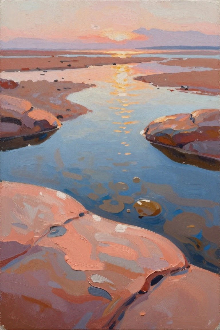 Sunset painting with golden reflections on winding blue river amid rocky banks.