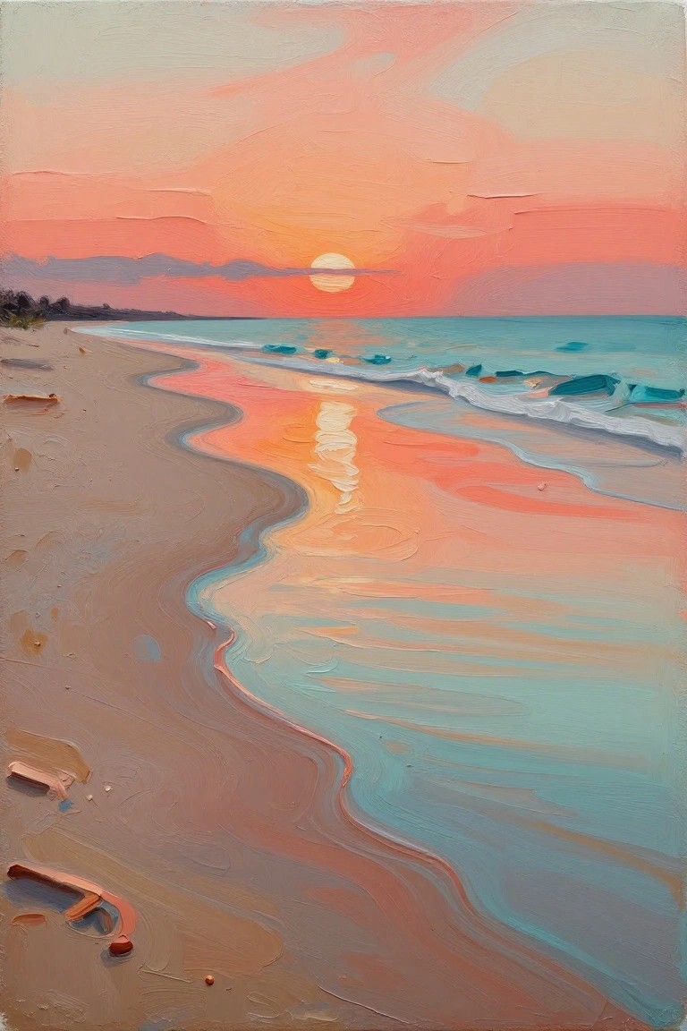 An acrylic painting of a beach at sunset with a curving shoreline, pink and orange sky, setting sun over the ocean, and gentle waves.