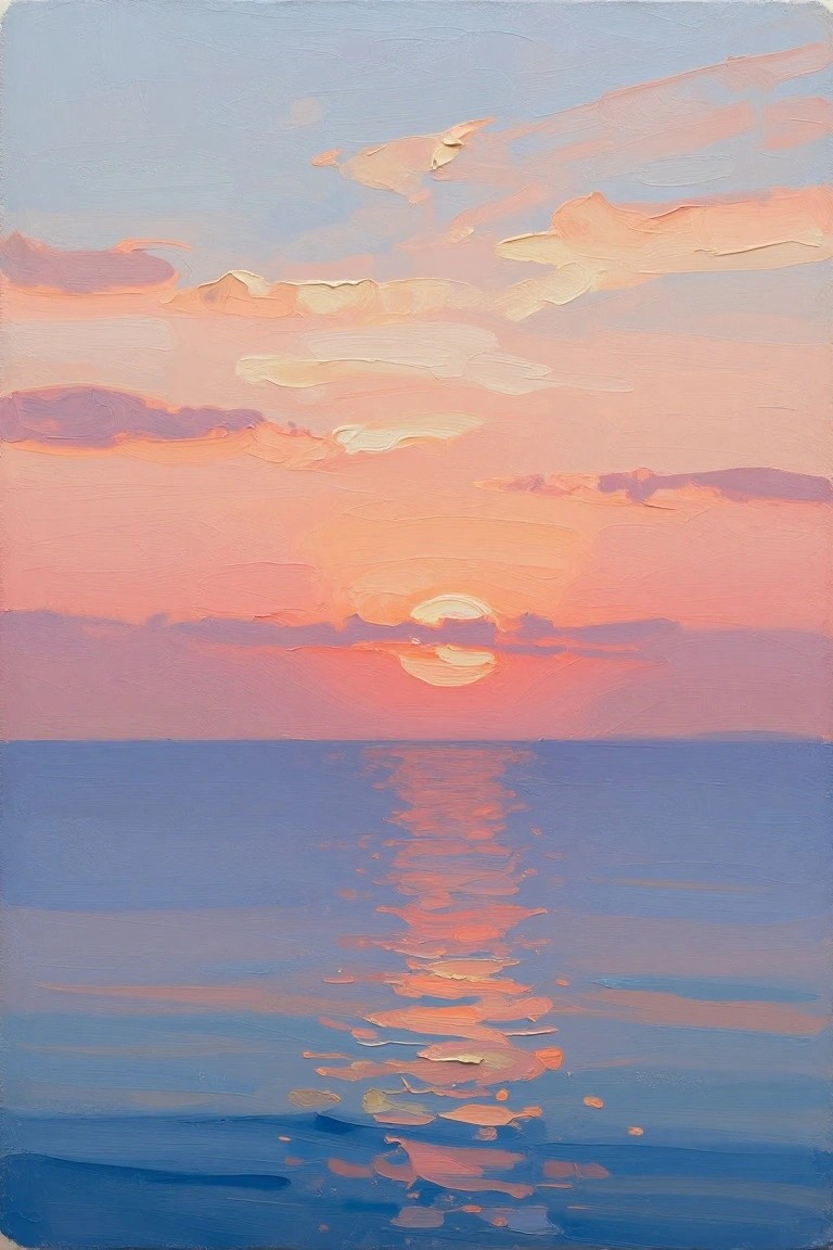 Impressionistic painting of vibrant sunset over ocean with glowing sun reflection.