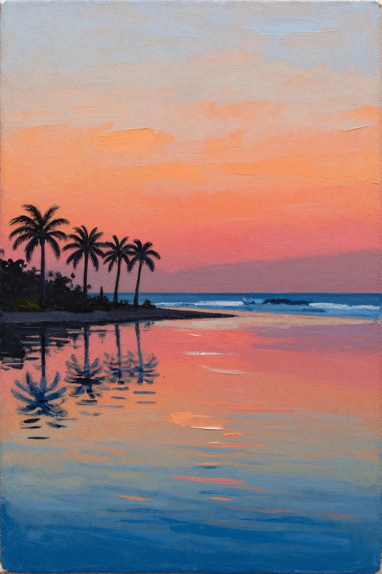 Vibrant sunset painting of palm trees reflected in calm tropical ocean waters.