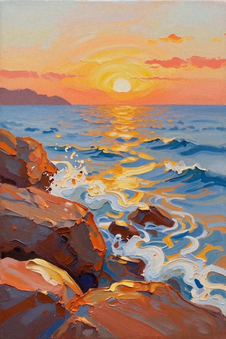 An acrylic painting of a sunset over the ocean with the sun's reflection on the water and waves breaking against brown rocks in the foreground.