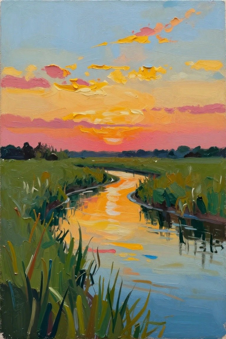 Vibrant sunset with orange-pink sky over winding river amid green reeds and fields