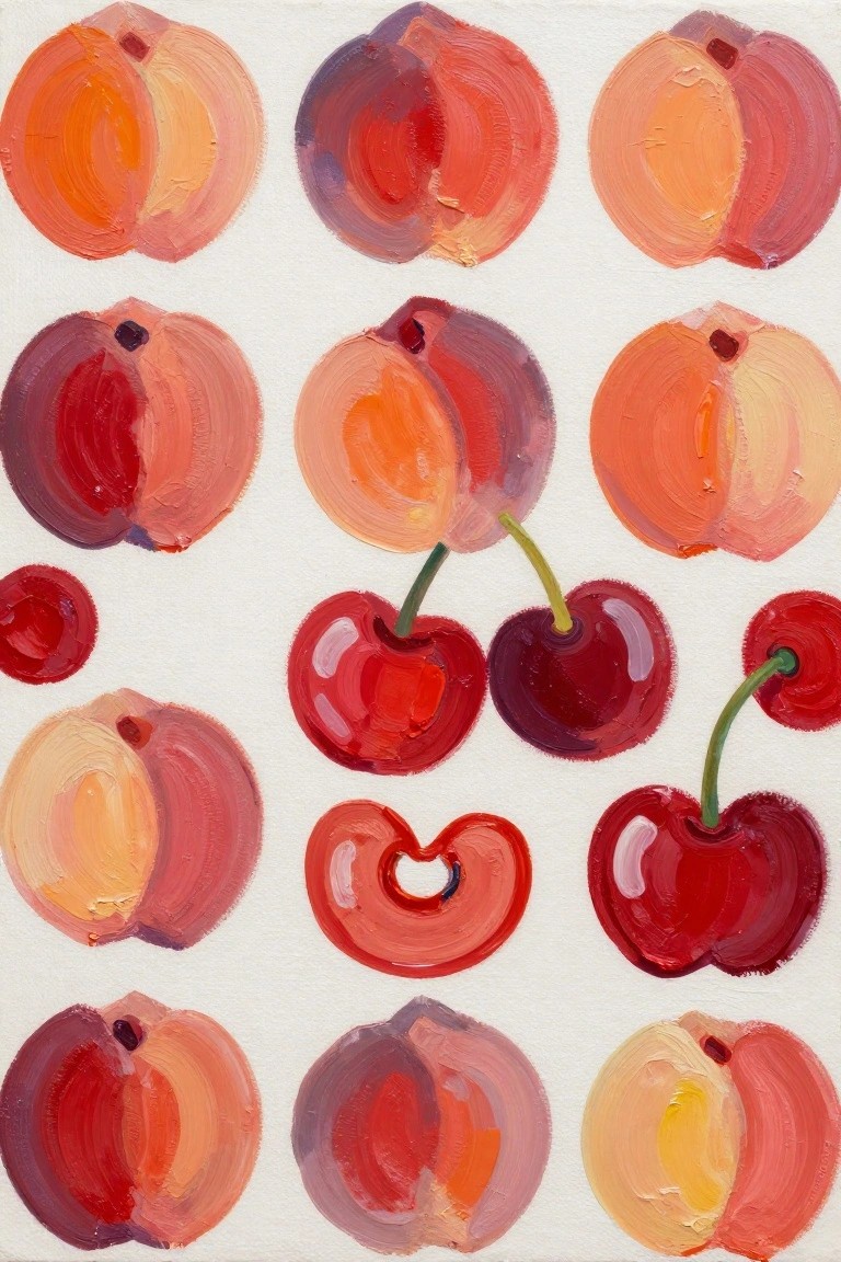 Vibrant brushstroke painting of peaches and cherries in red and orange tones