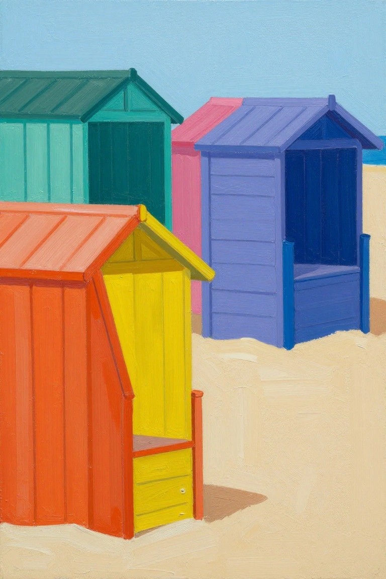 Colorful beach huts in red, yellow, green, blue, and pink on sand