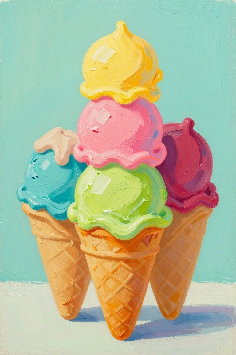 Vibrant painting of three waffle cones with colorful ice cream scoops