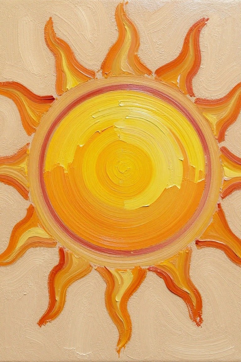 Thickly textured painting of a vibrant yellow sun with orange rays on beige.