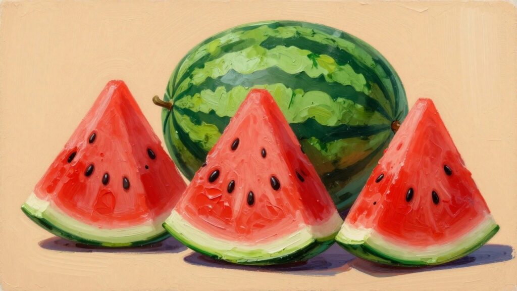 Four thickly painted watermelon slices in red and green on orange background.