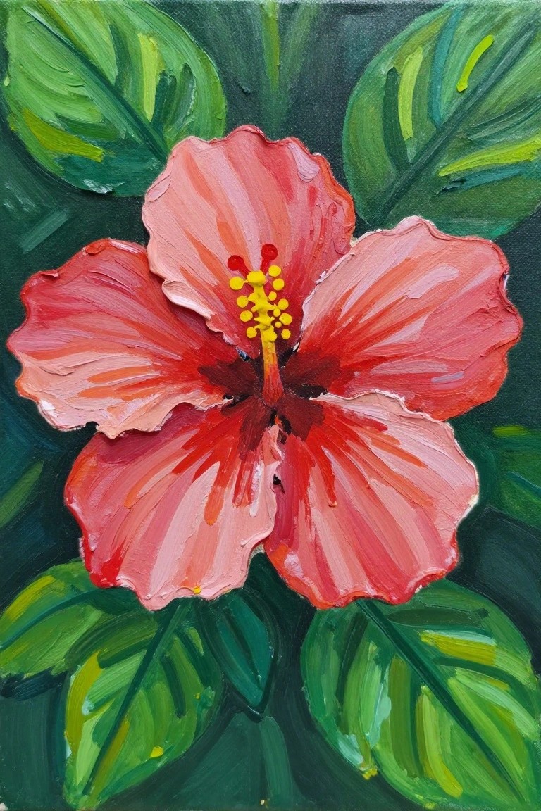 Vibrant red hibiscus flower with yellow stamens amid thickly painted green leaves