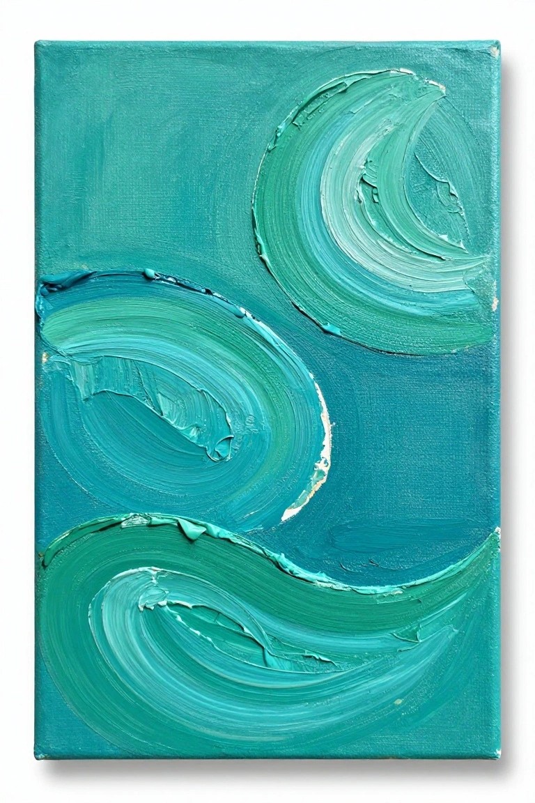 Abstract teal painting with thick swirling green brushstrokes on canvas.