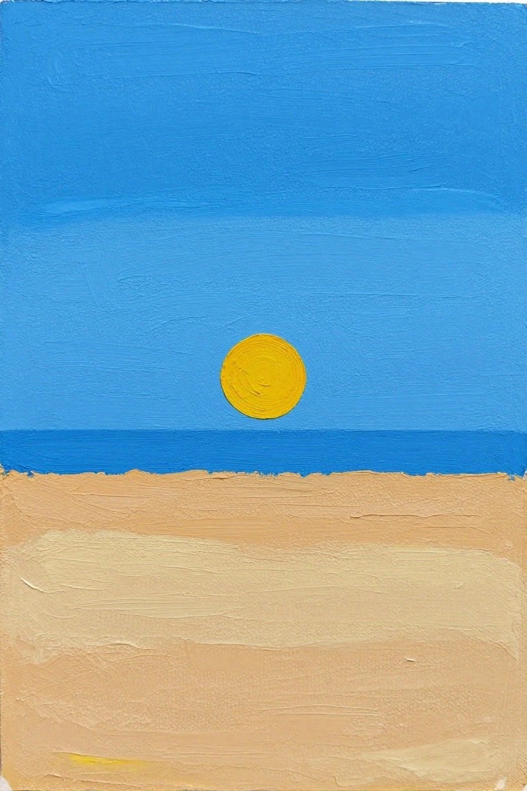Textured painting of yellow sun over blue sea and sandy beach