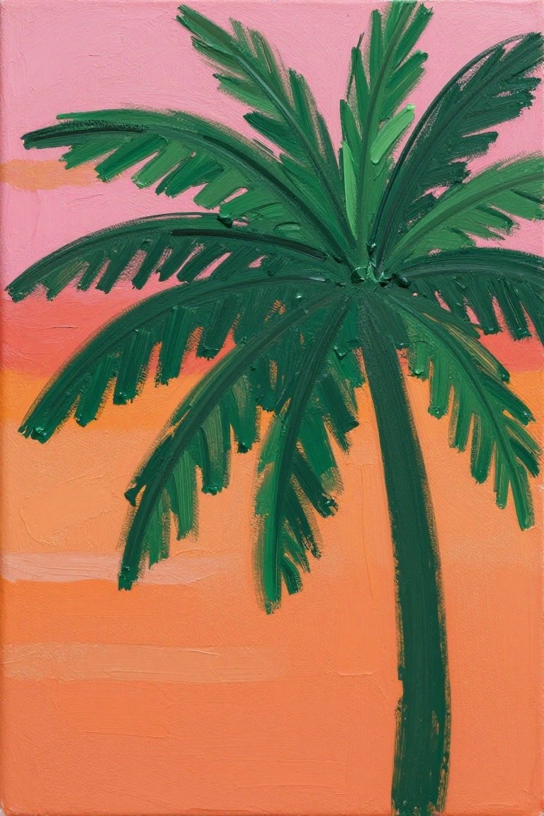 Thickly painted green palm tree against pink and orange sunset sky.
