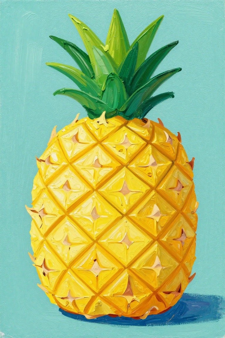 Vibrant yellow pineapple with green crown on light blue background, textured painting style
