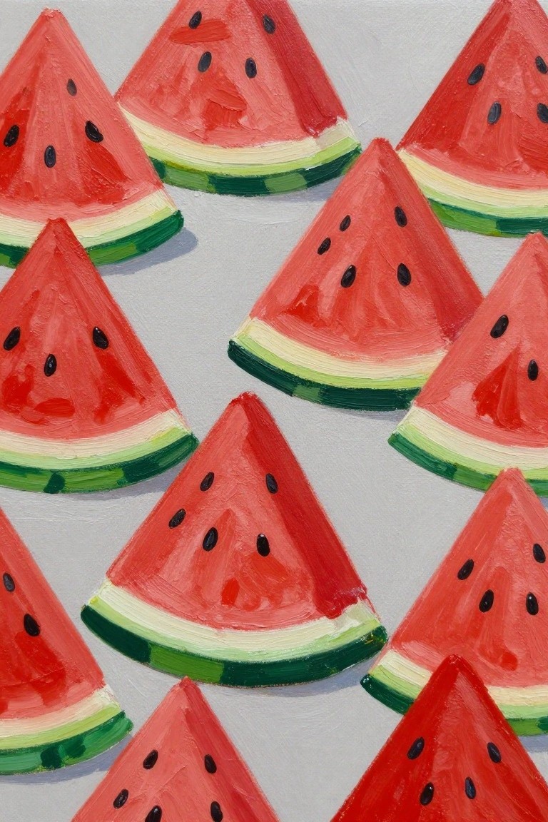 Scattered painted watermelon slices with red flesh and green rinds on gray background