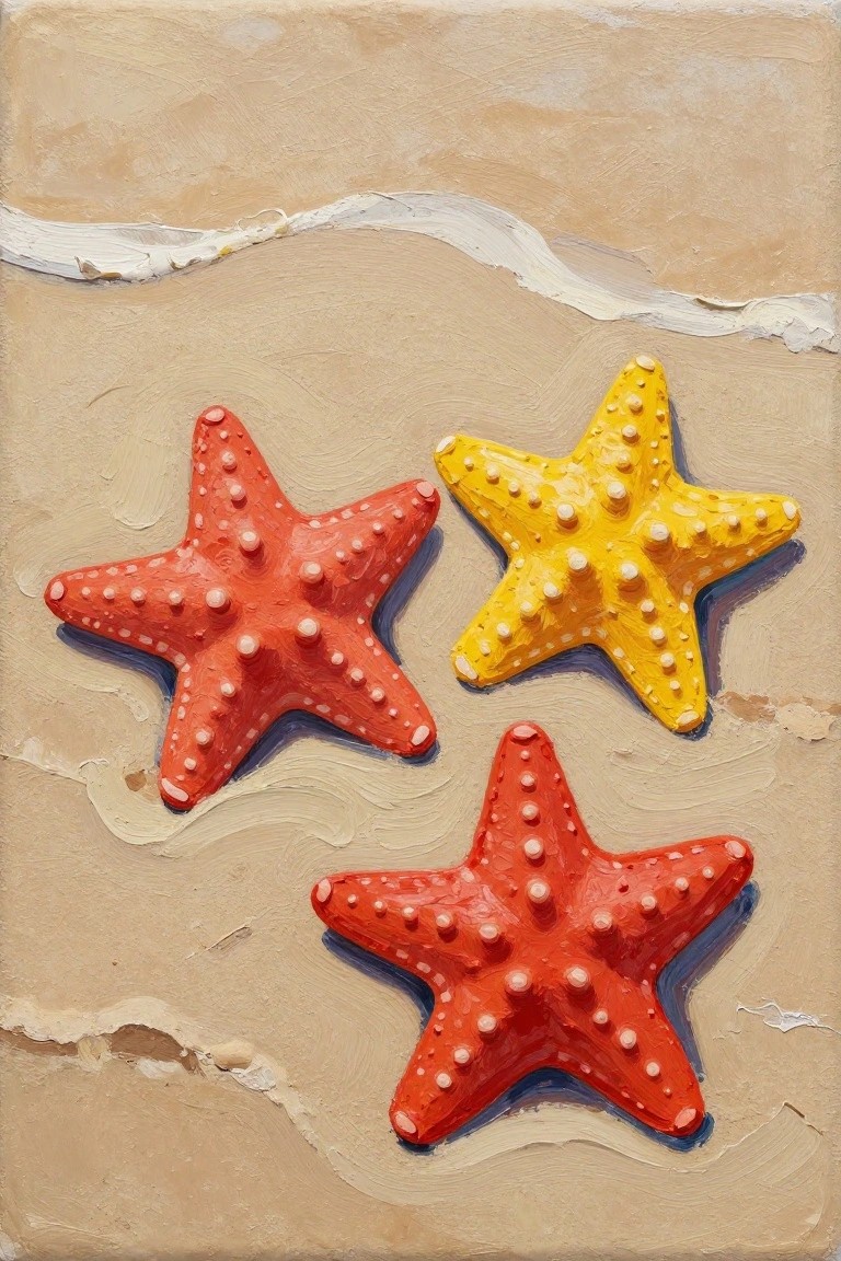 Two red and one yellow starfish on textured sandy beach with wave