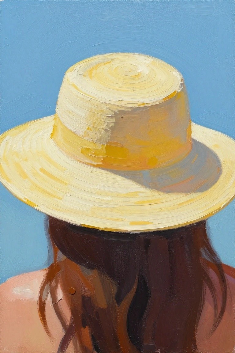Woman in yellow straw hat seen from behind against clear blue sky.