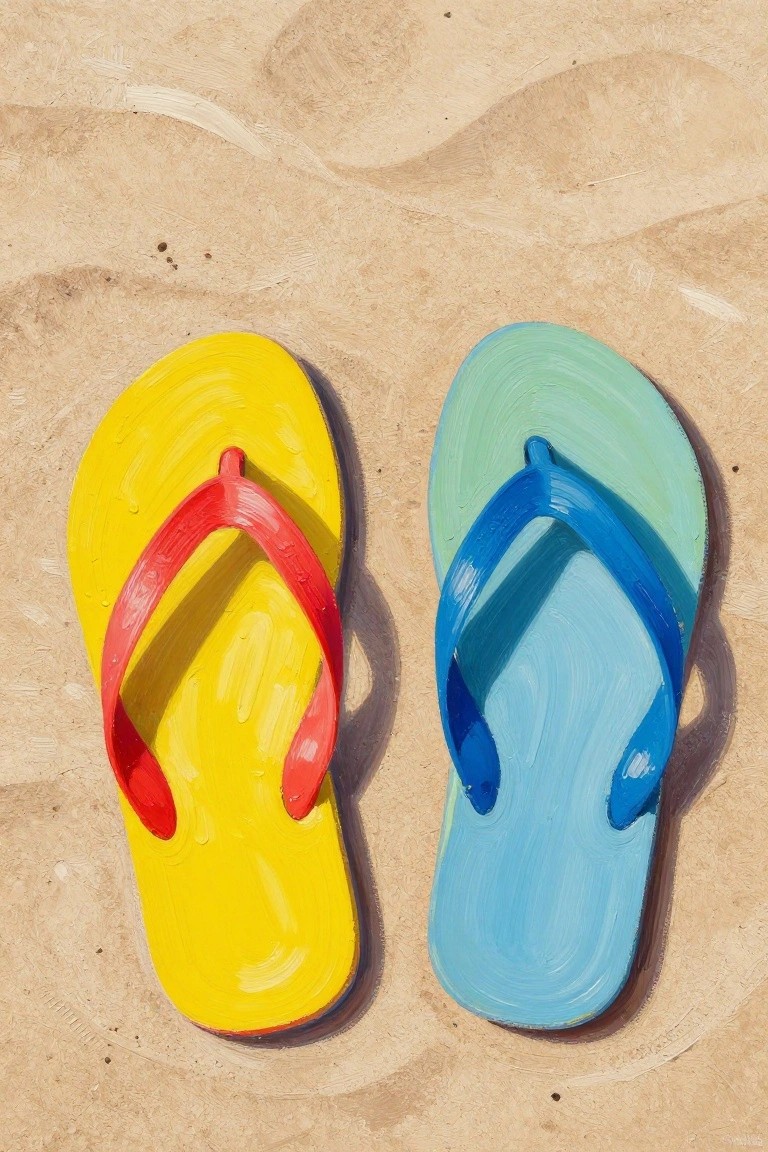 Yellow and red flip-flop beside blue-green one on sandy beach.