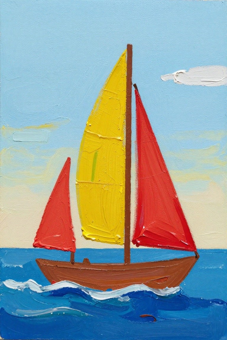 Sailboat with red and yellow sails on choppy blue water under light blue sky