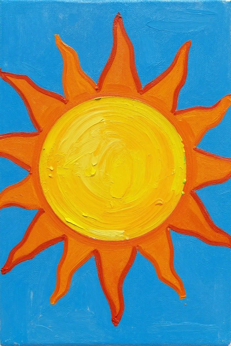 Bright yellow sun with orange-red rays on textured blue background.
