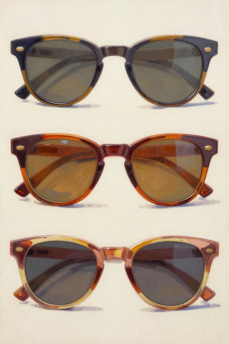 Three pairs of tortoiseshell sunglasses with tinted lenses stacked vertically on white background