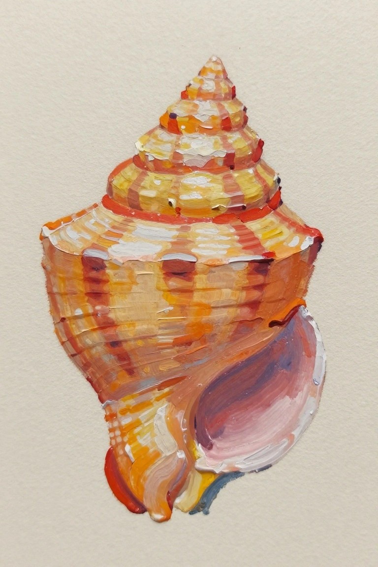 Thickly textured painting of a spiral seashell in orange, yellow, and red hues.