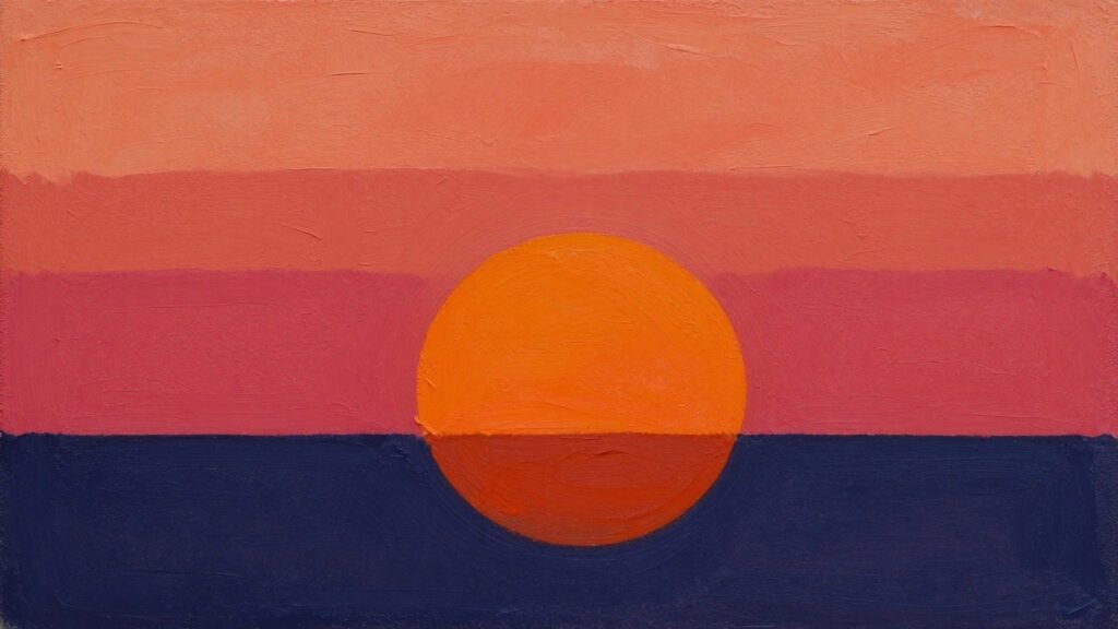 Abstract painting of orange sun over blue water under pink and orange sky.